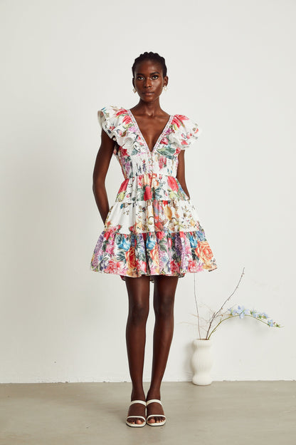 Saige ruffled floralprint mini dress in White
