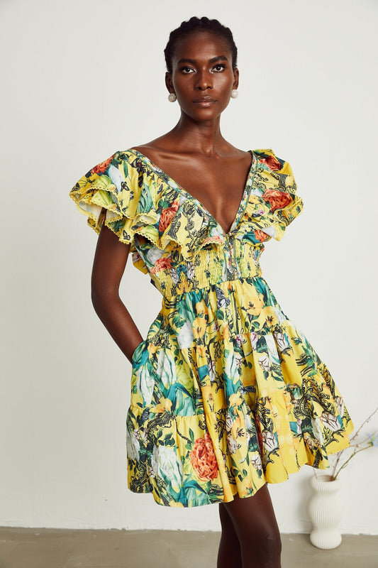 Saige ruffled floralprint mini dress in Yellow