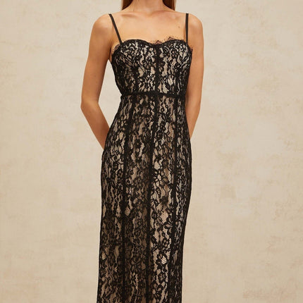 Samantha Black Lace Maxi Dress Sweetheart Neckline Adjustable Straps Cinched Waist Bustier Style Pencil Cut Semi-Sheer Fabric Frayed Edges Rear Zip Fastening Formal Events Special Occasions Elegance Grace