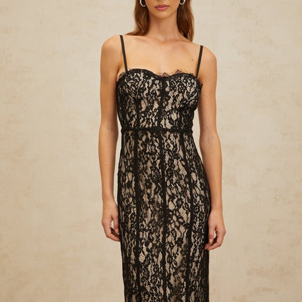 Samantha Black Lace Maxi Dress with Sweetheart Neckline and Adjustable Straps