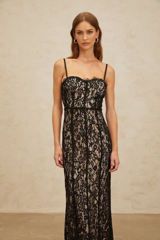 Samantha Black Lace Maxi Dress with Sweetheart Neckline and Adjustable Straps