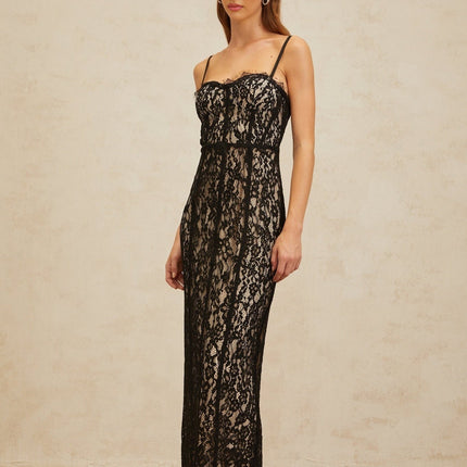 Samantha Black Lace Maxi Dress with Sweetheart Neckline and Adjustable Spaghetti Straps