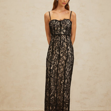 Samantha Black Lace Maxi Dress with Sweetheart Neckline and Adjustable Straps