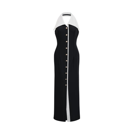 Samantha Black Maxi Dress with Faux-Pearl Embellishments and Button Detailing