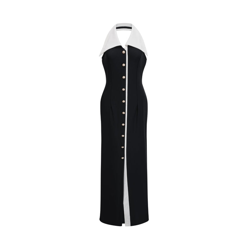 Samantha Black Maxi Dress with Faux-Pearl Embellishments and Button Detailing
