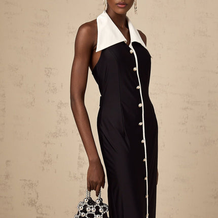 Samantha Black Maxi Dress with Faux-Pearl Embellishments and Button Detailing
