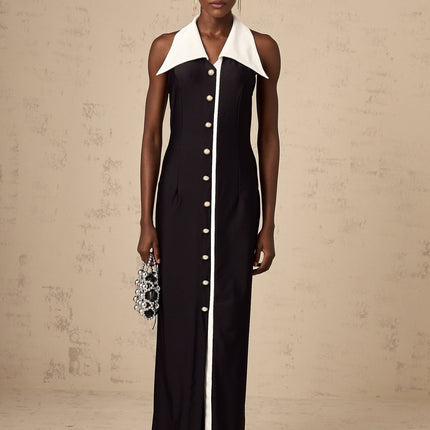 Samantha Black Maxi Dress with Faux-Pearl Embellishments and Button Detailing