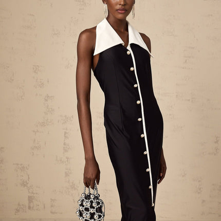 Samantha Black Maxi Dress with Faux-Pearl Embellishments and Button Detailing