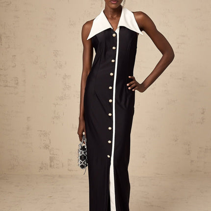 Samantha Black Maxi Dress with Faux-Pearl Embellishments and Button Detailing