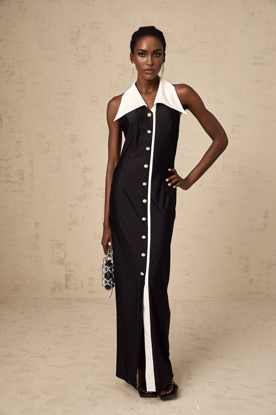 Samantha Black Maxi Dress with Faux-Pearl Embellishments and Button Detailing