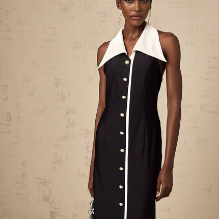 Samantha Black Maxi Dress with Faux-Pearl Embellishments and Button Detailing