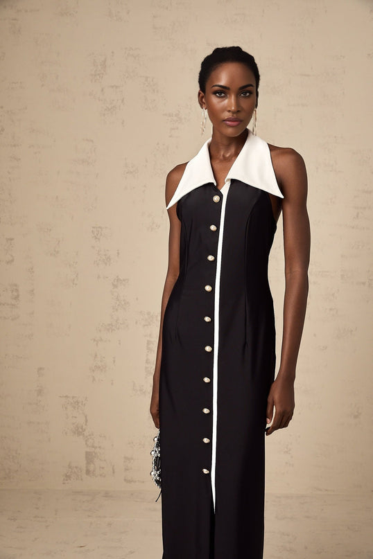 Samantha Black Maxi Dress with Faux-Pearl Embellishments and Button Detailing