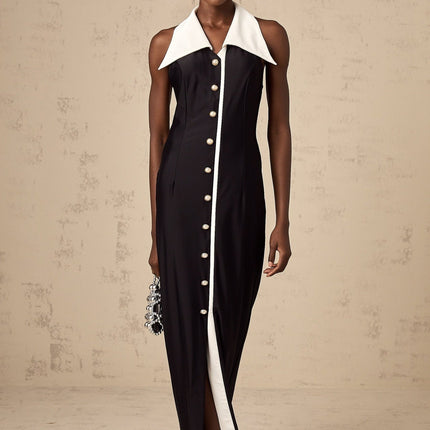 Samantha Black Maxi Dress with Faux-Pearl Embellishments and Button Detailing