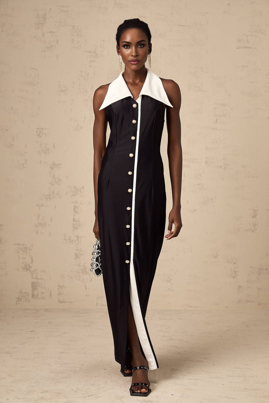 Samantha Black Maxi Dress with Faux-Pearl Embellishments and Button Detailing