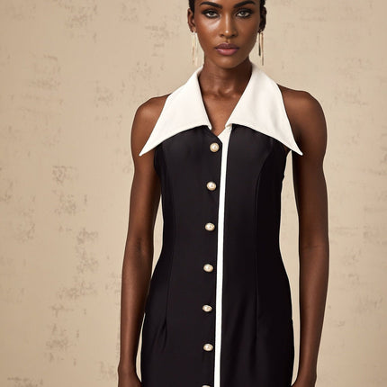 Samantha Black Maxi Dress with Faux-Pearl Embellishments and Button Detailing