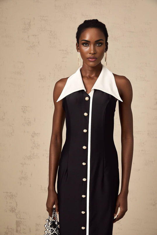 Samantha Black Maxi Dress with Faux-Pearl Embellishments and Button Detailing