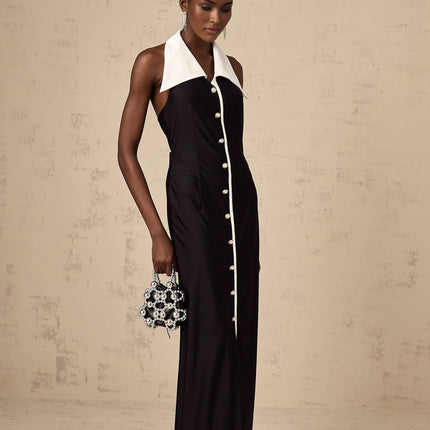 Samantha Black Maxi Dress with Faux-Pearl Embellishments and Button Detailing