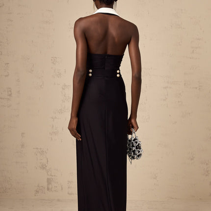 Samantha Black Maxi Dress with Faux-Pearl Embellishments and Button Detailing