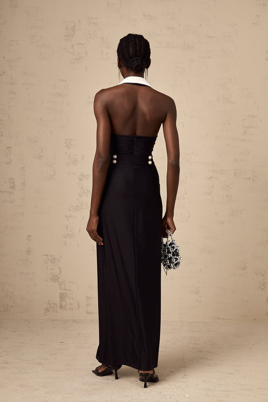 Samantha Black Maxi Dress with Faux-Pearl Embellishments and Button Detailing