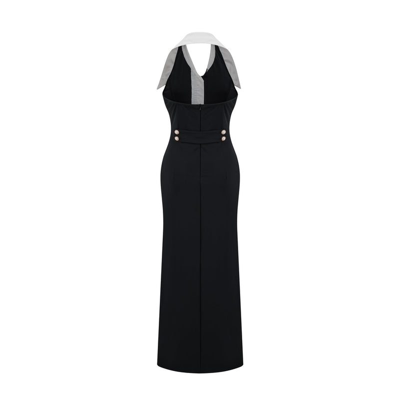 Samantha Black Maxi Dress with Oversized Lapels and Faux-Pearl Embellishments
