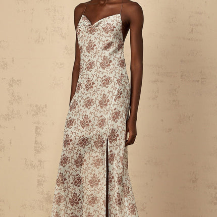 Samantha Blue Brown Floral Maxi Dress Open Back High Slit Elegant Mesh Fabric