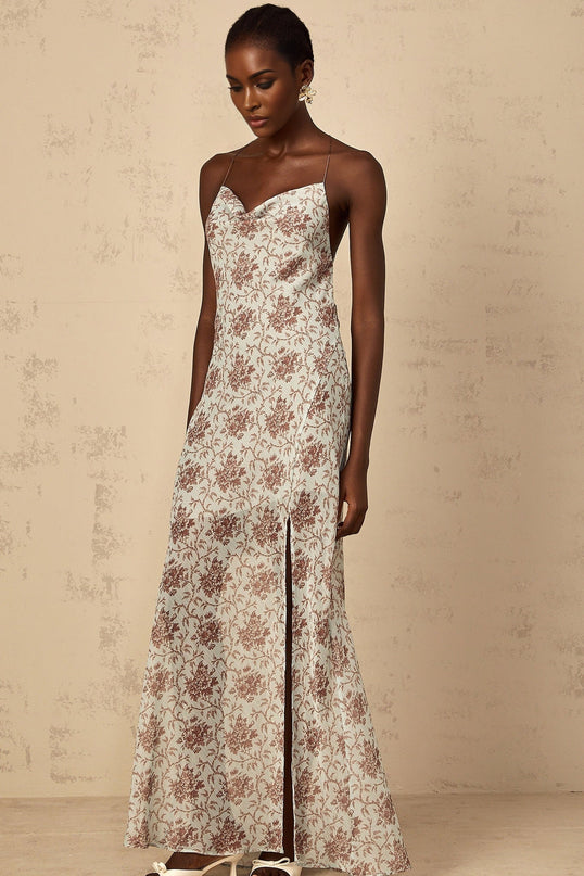 Samantha Blue Brown Floral Maxi Dress Open Back High Slit Elegant Mesh Fabric