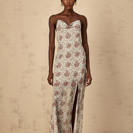 Samantha Blue Brown Floral Maxi Dress Open Back High Slit Elegant Mesh Fabric Self-Tie Spaghetti Straps Semi-Sheer Sophisticated Special Occasions Rear Tie Fastening Graceful Maxi Length Chic Daring Allure