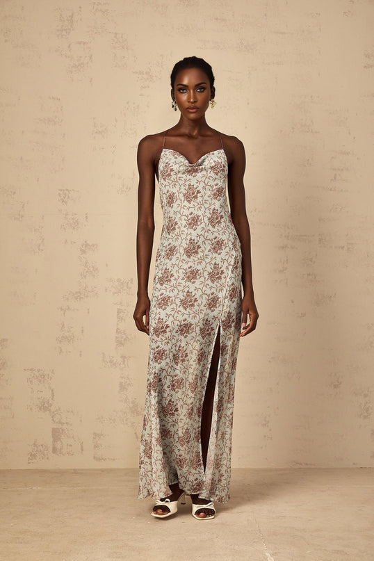 Samantha Blue Brown Floral Maxi Dress Open Back High Slit Elegant Mesh Fabric Self-Tie Spaghetti Straps Semi-Sheer Sophisticated Special Occasions Rear Tie Fastening Graceful Maxi Length Chic Daring Allure