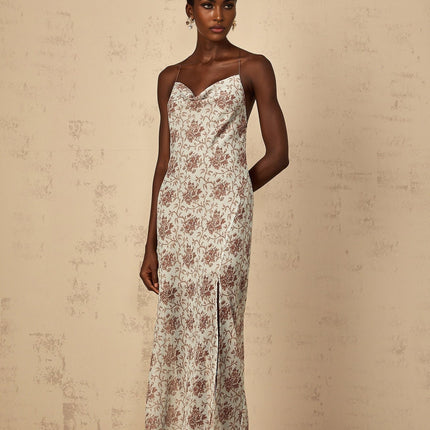 Samantha Blue Brown Floral Maxi Dress Open Back High Slit Self-Tie Straps Mesh Fabric Elegant Chic Style Sophisticated Glamour