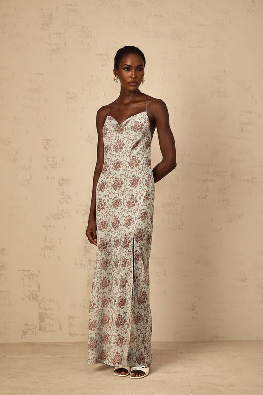 Samantha Blue Brown Floral Maxi Dress Open Back High Slit Self-Tie Straps Mesh Fabric Elegant Chic Style Sophisticated Glamour