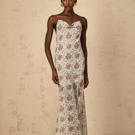 Samantha Blue Brown Floral Maxi Dress with Open Back High Slit Design