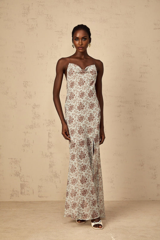 Samantha Blue Brown Floral Maxi Dress with Open Back High Slit Design