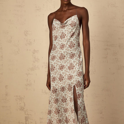 Samantha Blue Brown Floral Maxi Dress Open Back High Slit Elegant Mesh Fabric