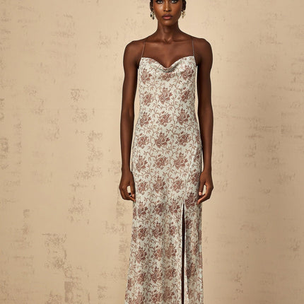 Samantha Blue Brown Floral Mesh Maxi Dress