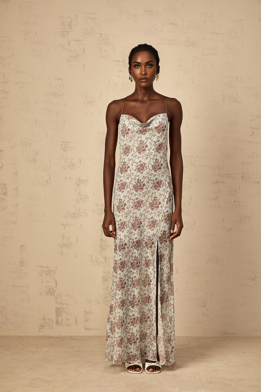Samantha Blue Brown Floral Mesh Maxi Dress