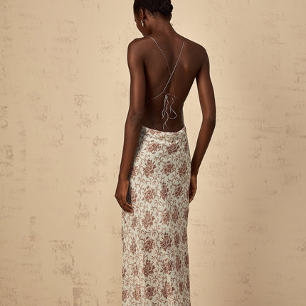 Samantha Blue and Brown Floral Print Maxi Dress with High Slit and Open Back Design