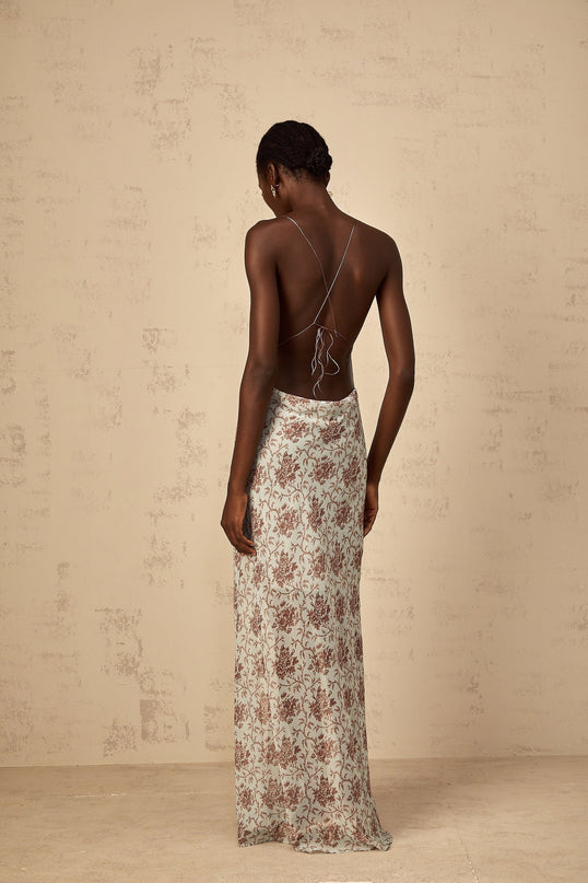 Samantha Blue and Brown Floral Print Maxi Dress with High Slit and Open Back Design