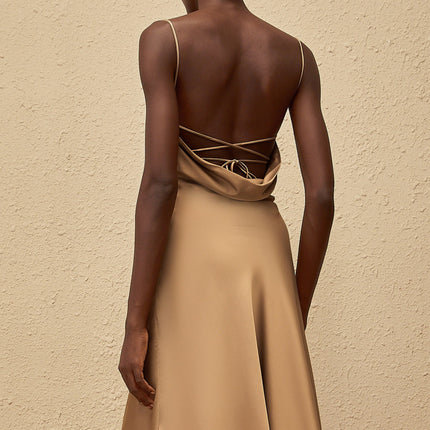 Samantha Brown Satin and Lace Midi Dress with Open Back and Pleated Detailing
