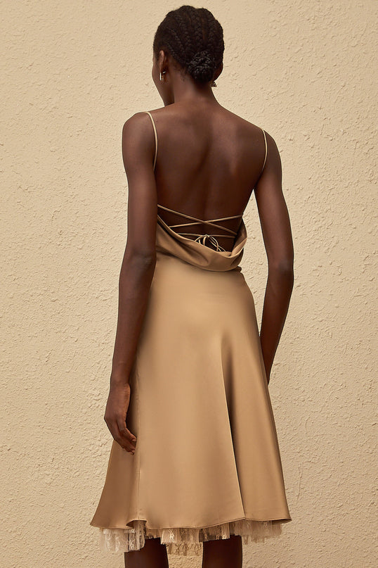 Samantha Brown Satin and Lace Midi Dress with Open Back and Pleated Detailing