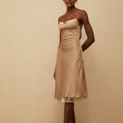 Samantha Brown Satin and Lace Midi Dress with Open Back and Flared Hem