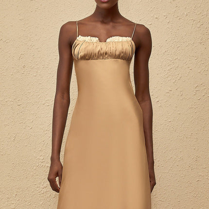 Samantha Brown Satin and Lace Midi Dress with Open Back and Pleated Detailing