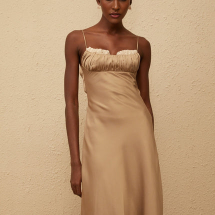 Samantha Brown Satin and Lace Midi Dress with Open Back and Flared Hem