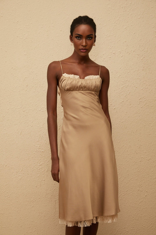 Samantha Brown Satin and Lace Midi Dress with Open Back and Flared Hem