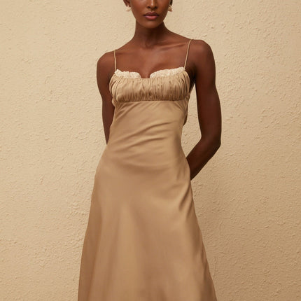 Samantha Brown Satin and Lace Midi Dress with Open Back and Pleated Detailing