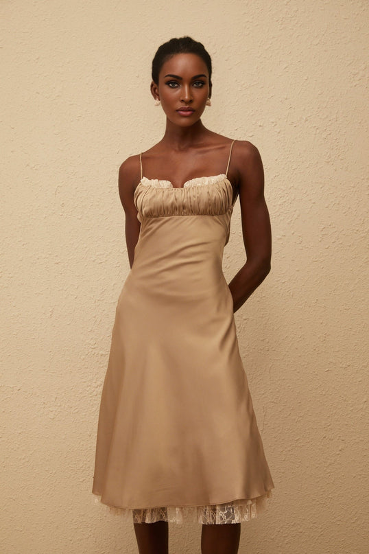 Samantha Brown Satin and Lace Midi Dress with Open Back and Pleated Detailing