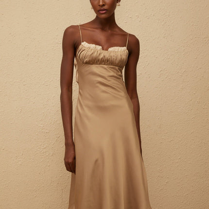 Samantha Brown Satin and Lace Midi Dress with Open Back and Flared Hem