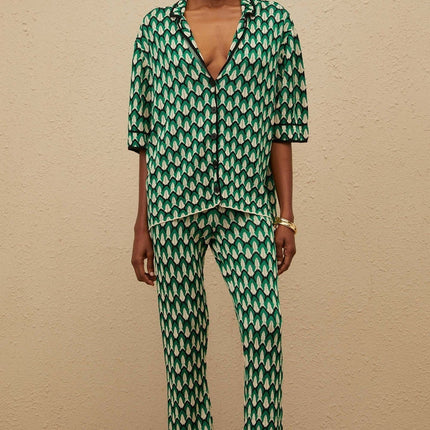 Samantha Green Crochet Knit Jacquard Shirt Trousers Set