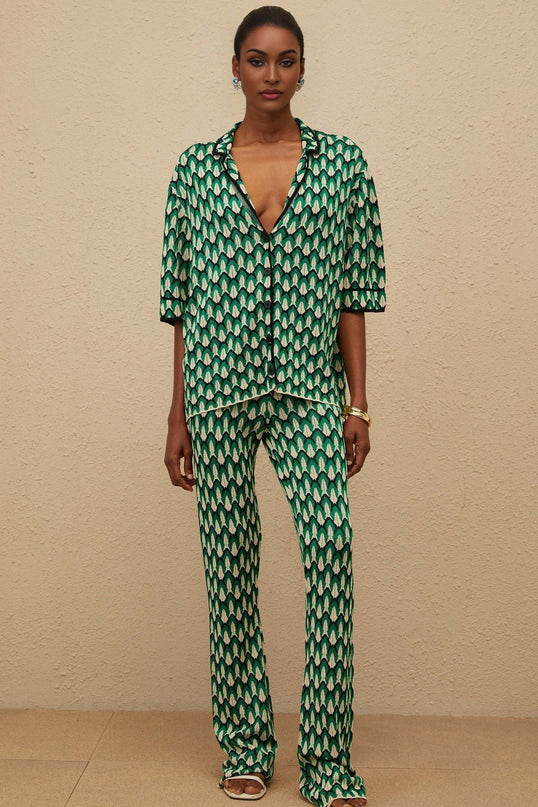 Samantha Green Crochet Knit Jacquard Shirt Trousers Set