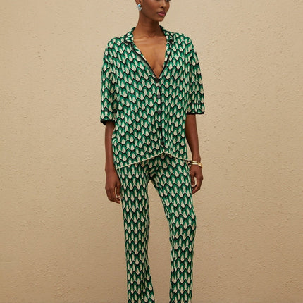 Samantha Green Crochet Knit Jacquard Shirt Trousers Set