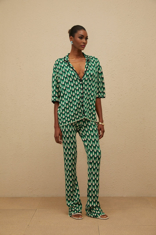 Samantha Green Crochet Knit Jacquard Shirt Trousers Set